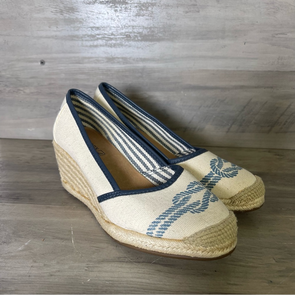 Sperry Womens 6 Tan Blue Knot Nautical Top Sider Espadrilles‎ Closed Toe Wedge